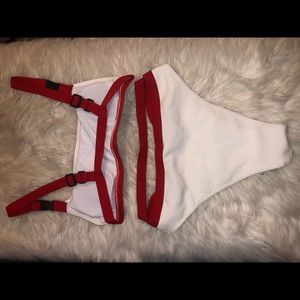 SHEIN Red/white w black buckle high wasted bikini